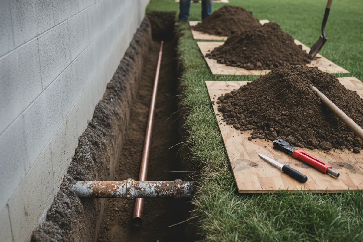 Excavated water line trench during Sewer Line Repair in Gloucester Point